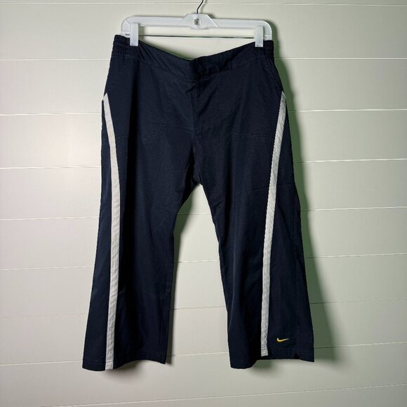 VTG Nike Wide Leg Capri Workout Pants XL (16-18) Navy with Yellow Swoosh - Picture 1 of 7